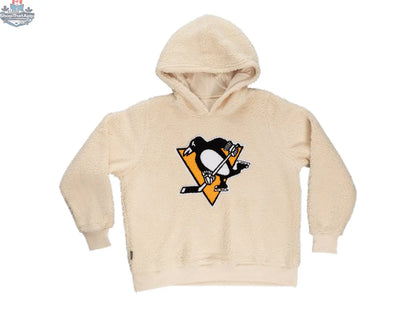 Ladies' Pittsburgh Penguins Sherpa hoodie with plush chenille logo by Calhoun Surf N' Skate, featuring a cozy, soft fleece interior.