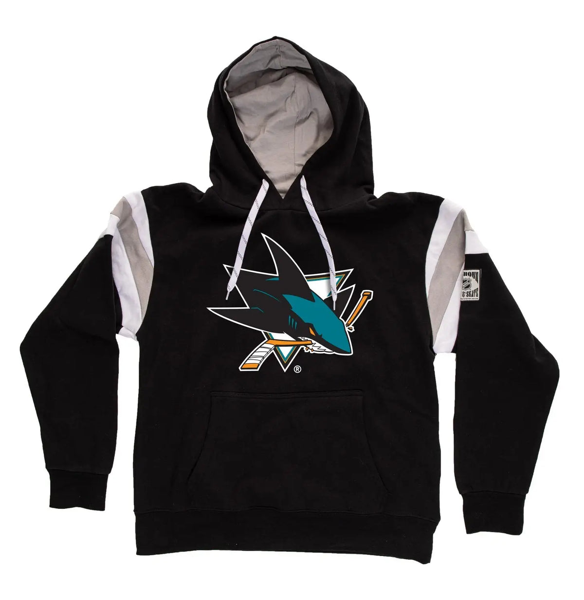 Calhoun Surf N' Skate San Jose Sharks varsity-style hoodie with team logo and retro design, displayed flat on a white background.