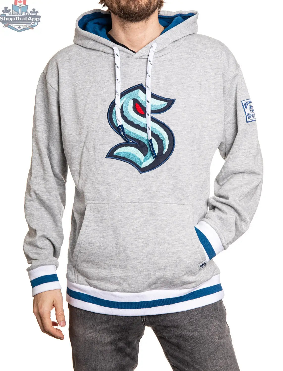 Seattle Kraken hoodie with a Muskoka-style premium chenille woven logo, featuring the Calhoun Surf N' Skate brand.