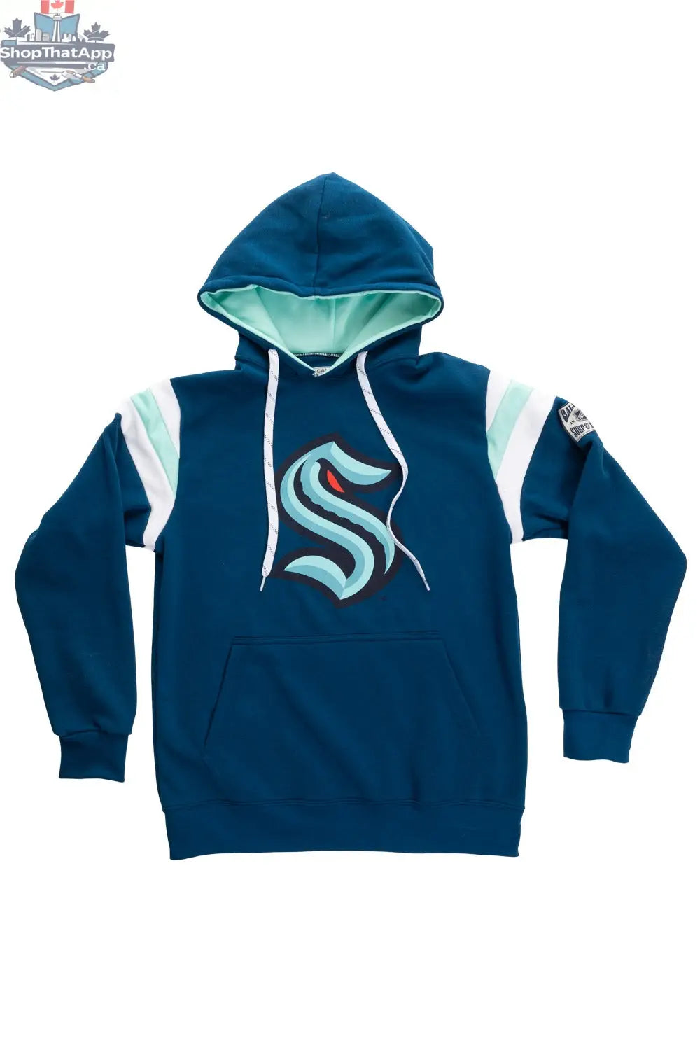 Seattle Kraken varsity hoodie by Calhoun Surf N' Skate featuring retro style and comfortable fit, shown laid flat.