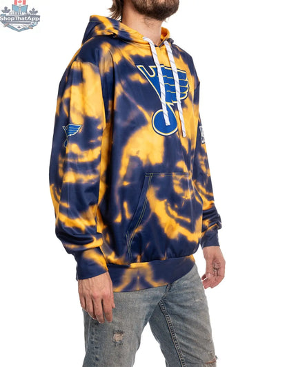 Calhoun Surf N' Skate St. Louis Blues sublimation hoodie with team logo and blue design, shown from a side view.