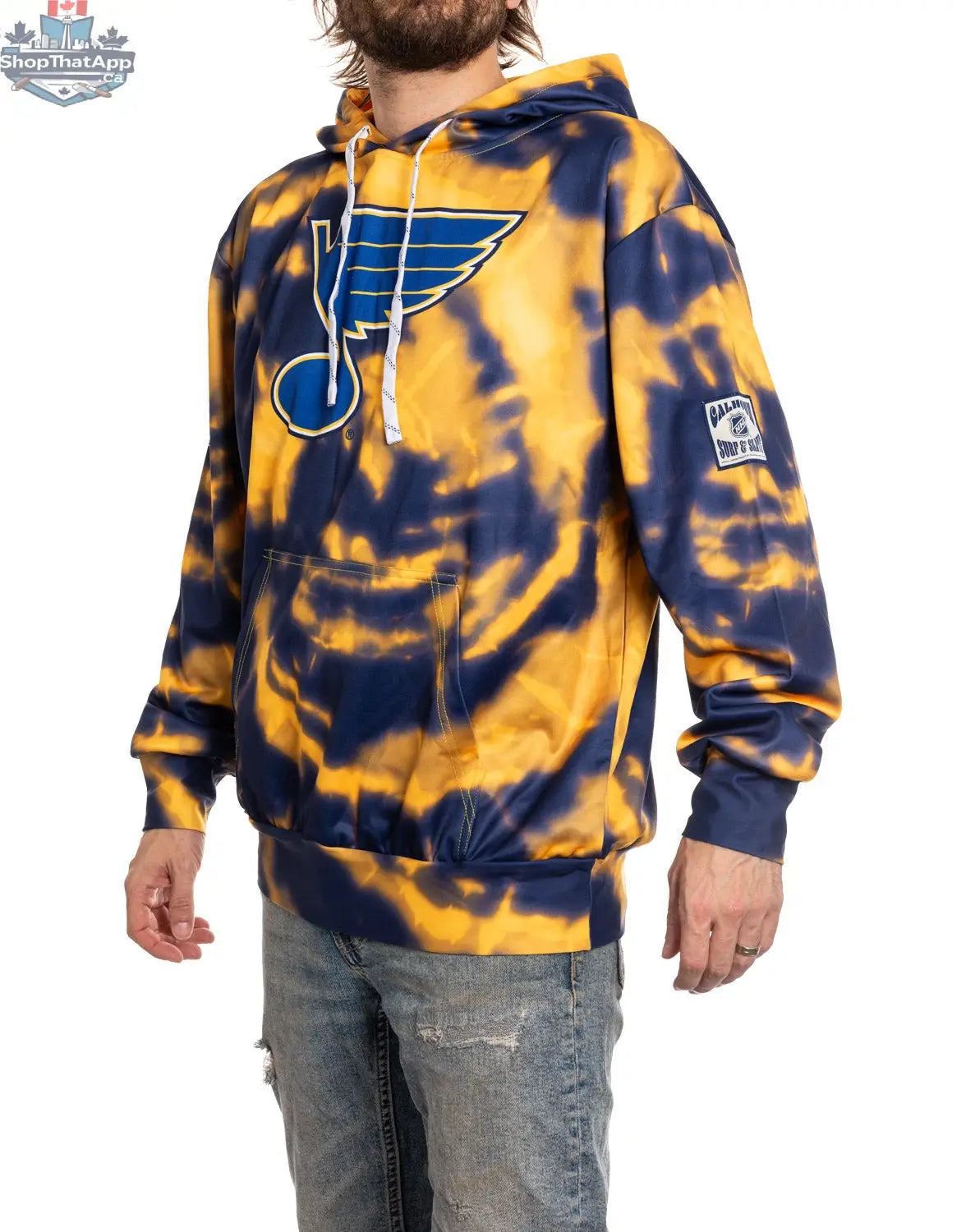 Calhoun Surf N' Skate St. Louis Blues sublimation hoodie showing a side view with blue and white team graphics.