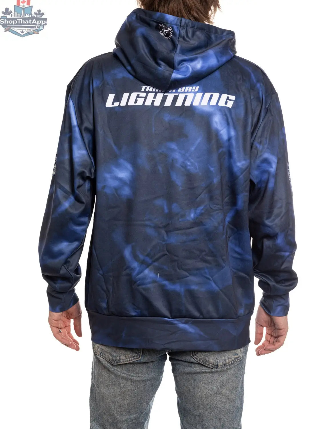 Tampa Bay Lightning hoodie with sublimation design from Calhoun Surf N' Skate, showing the back view with team logo and vibrant graphics.