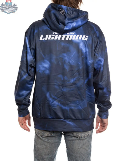 Tampa Bay Lightning hoodie with sublimation design from Calhoun Surf N' Skate, showing the back view with team logo and vibrant graphics.
