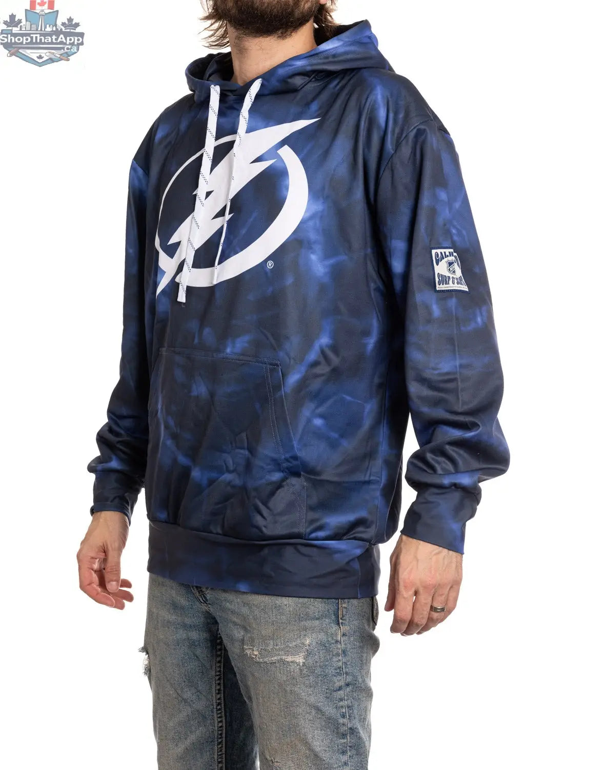 Tampa Bay Lightning hoodie by Calhoun Surf N' Skate with vibrant sublimation design, shown from side view.