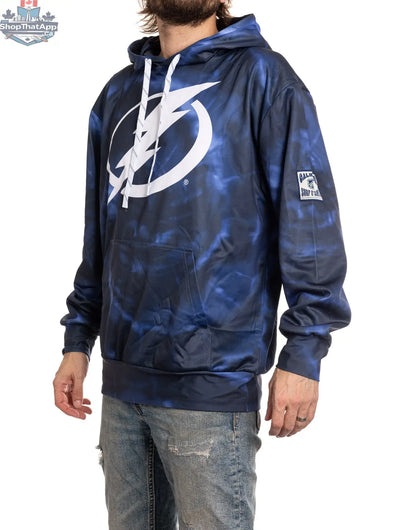 Tampa Bay Lightning hoodie by Calhoun Surf N' Skate with vibrant sublimation design, shown from side view.
