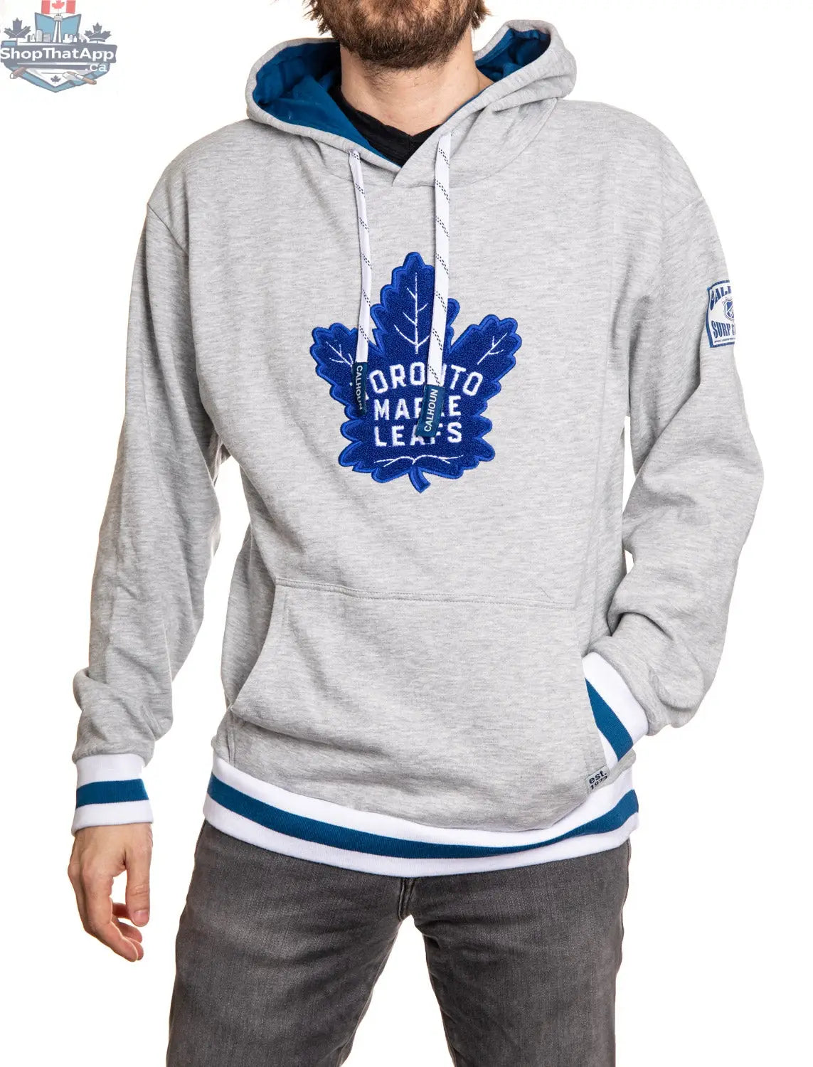 Toronto Maple Leafs hoodie by Calhoun Surf N' Skate featuring a premium chenille woven logo design on a cozy hoodie.