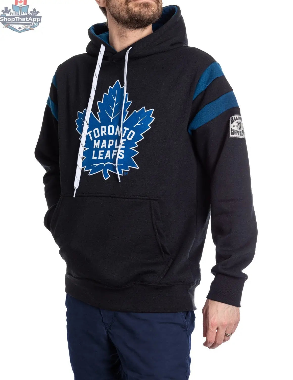 Toronto Maple Leafs varsity hoodie by Calhoun Surf N' Skate, showing side view with retro style and team logo on the front.