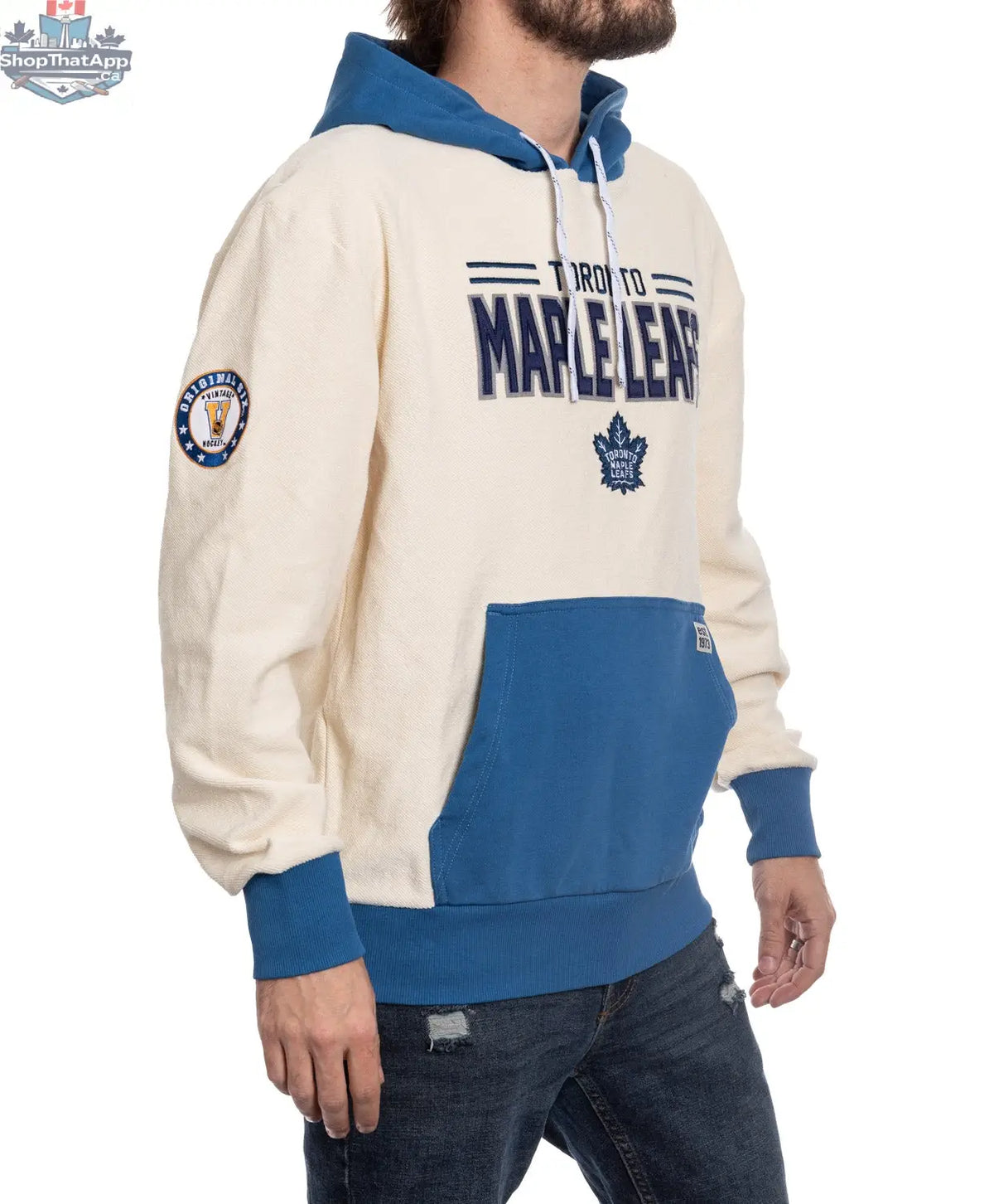 Unisex Toronto Maple Leafs hoodie by Calhoun Surf N' Skate featuring retro reverse terry fabric and team logo on the side.