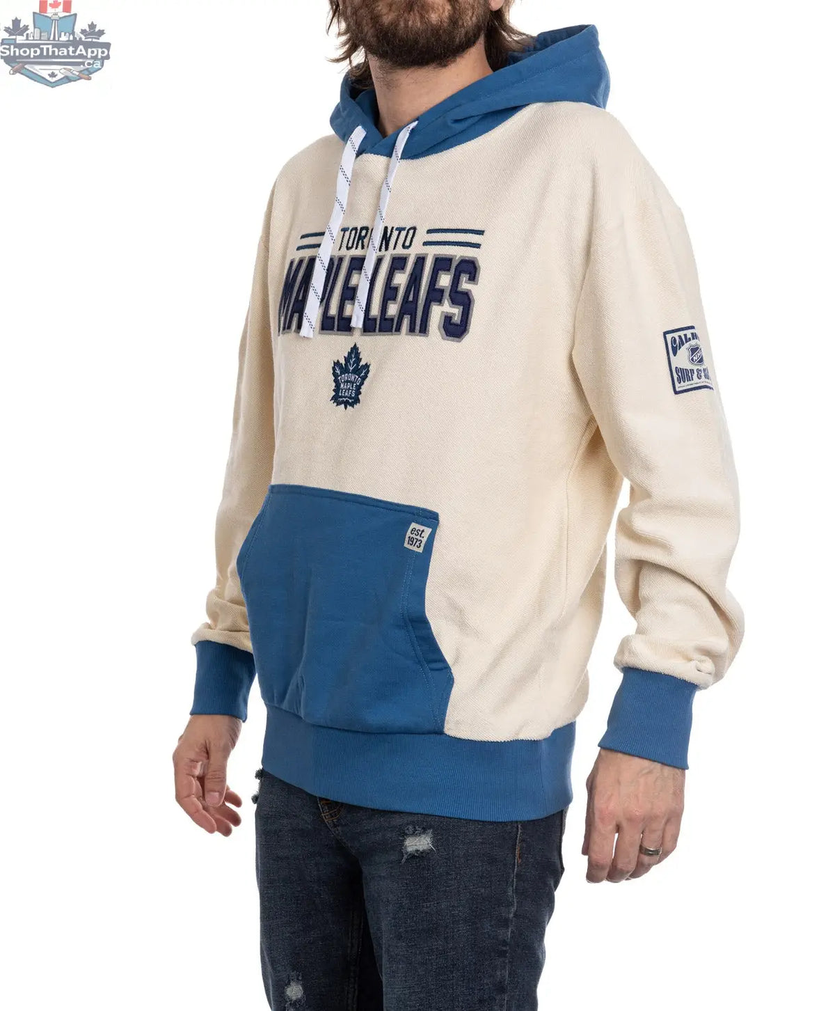 Unisex Toronto Maple Leafs hoodie by Calhoun Surf N' Skate featuring a retro style and reverse terry fabric, side view showing team logo.