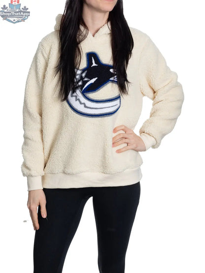 Vancouver Canucks ladies hoodie with sherpa lining and plush chenille logo, Calhoun Surf N' Skate sportswear front view