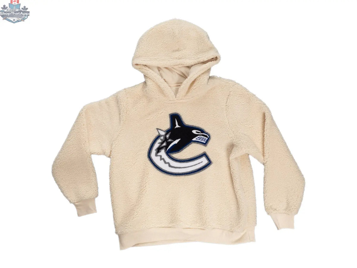 Vancouver Canucks ladies hoodie with sherpa lining and premium chenille logo, Calhoun Surf N' Skate, cozy and stylish sweatshirt.