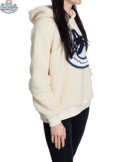 Vancouver Canucks ladies hoodie with sherpa lining and premium chenille logo, casual Calhoun Surf N' Skate sweatshirt, side view.