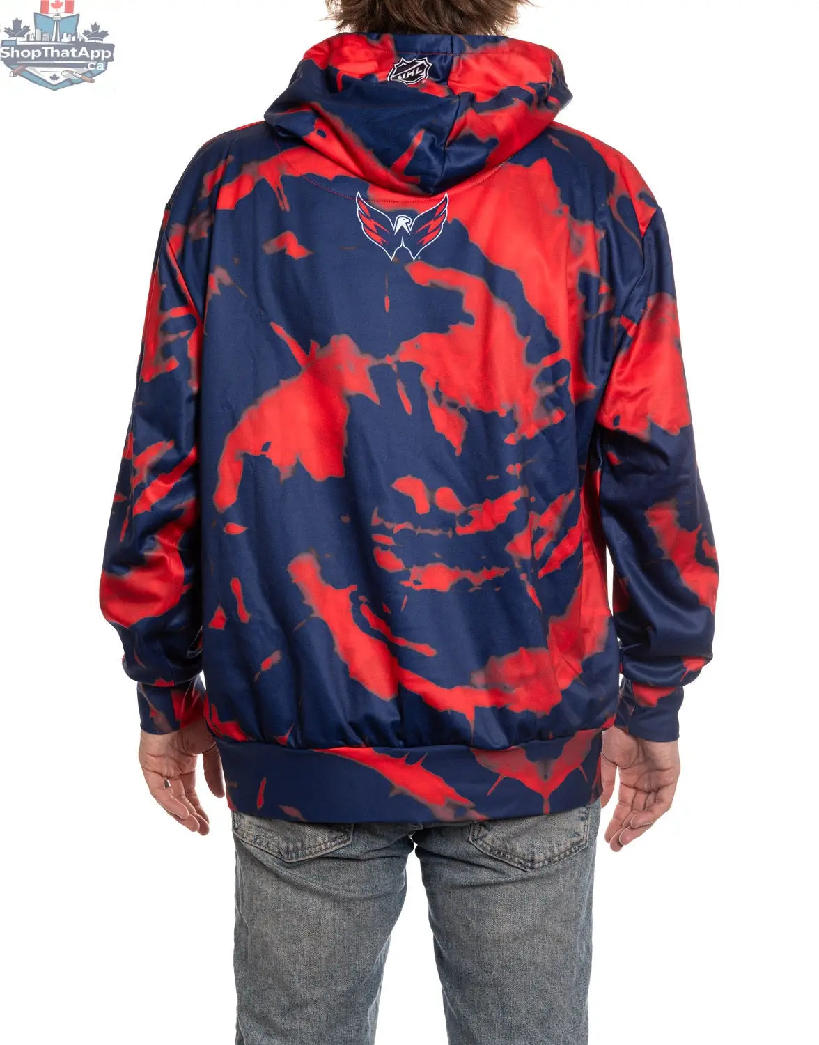 Washington Capitals hoodie by Calhoun Surf N' Skate featuring vibrant sublimation design on the back, showcasing team spirit.