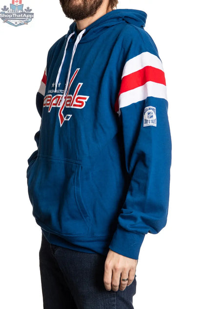 Washington Capitals varsity-style hoodie by Calhoun Surf N' Skate, shown from the side with retro team logo and vintage design.