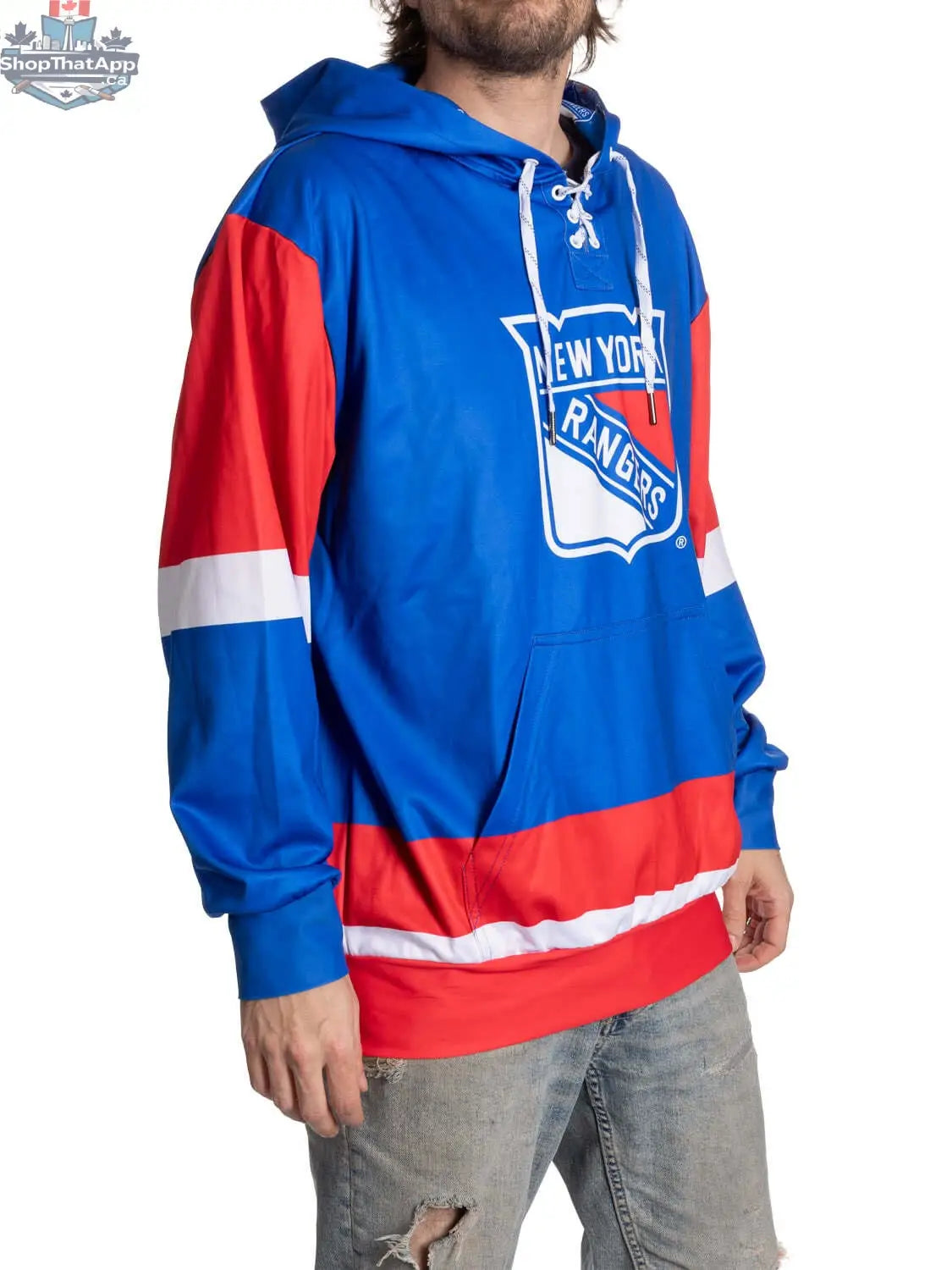 New York Rangers hoodie by Calhoun Surf N' Skate featuring a lace-up style and sublimation design, displayed from side angle.