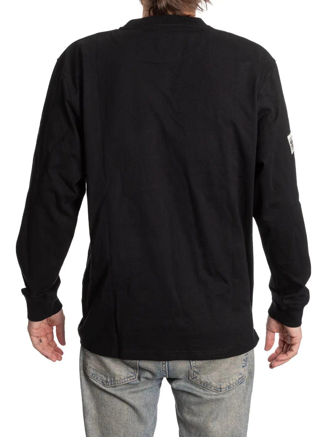 Back view of Calhoun Surf N' Skate Boston Bruins henley shirt, long sleeve fan apparel with Bruins logo on the back.