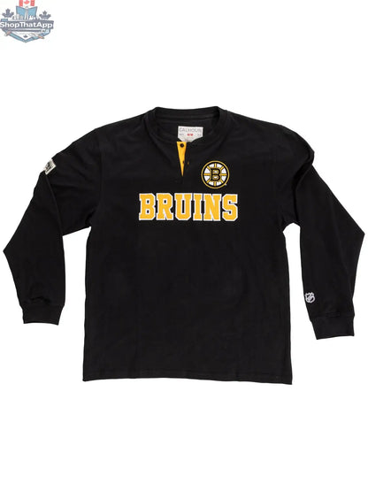 Boston Bruins long sleeve henley shirt by Calhoun Surf N' Skate, featuring team logo and classic fan apparel design.