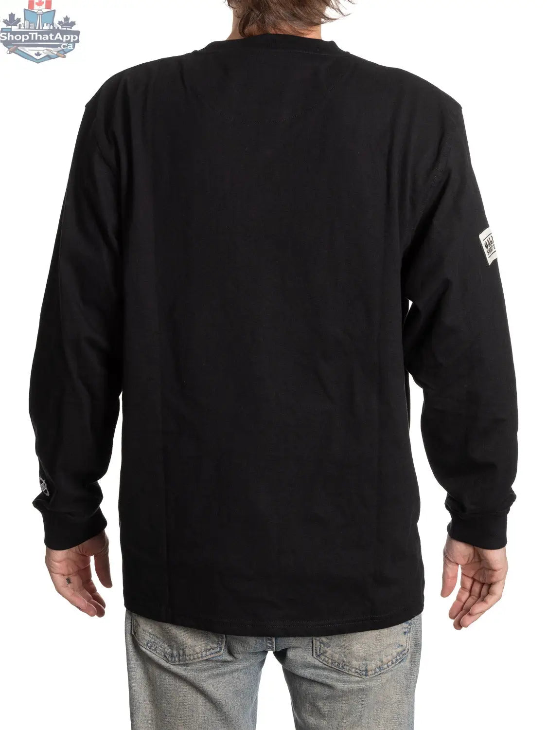 Back view of Calhoun Surf N' Skate New Jersey Devils long sleeve henley shirt with team logo and red and black design.