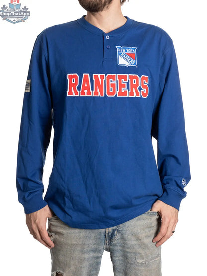 New York Rangers long sleeve Henley shirt by Calhoun Surf N' Skate, featuring team logo and classic fan apparel design.