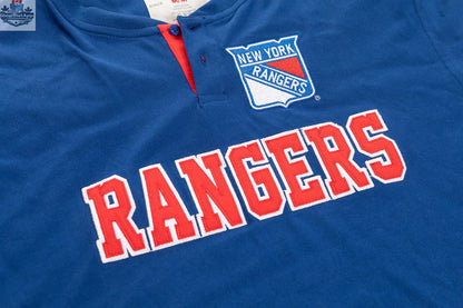 Close-up of New York Rangers long sleeve Henley shirt by Calhoun Surf N' Skate, showing the detailed team logo and fabric texture.