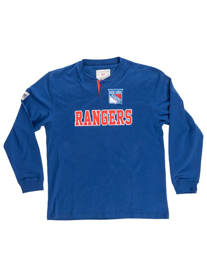 New York Rangers long sleeve henley shirt by Calhoun Surf N' Skate, featuring team logo and classic design for fans.