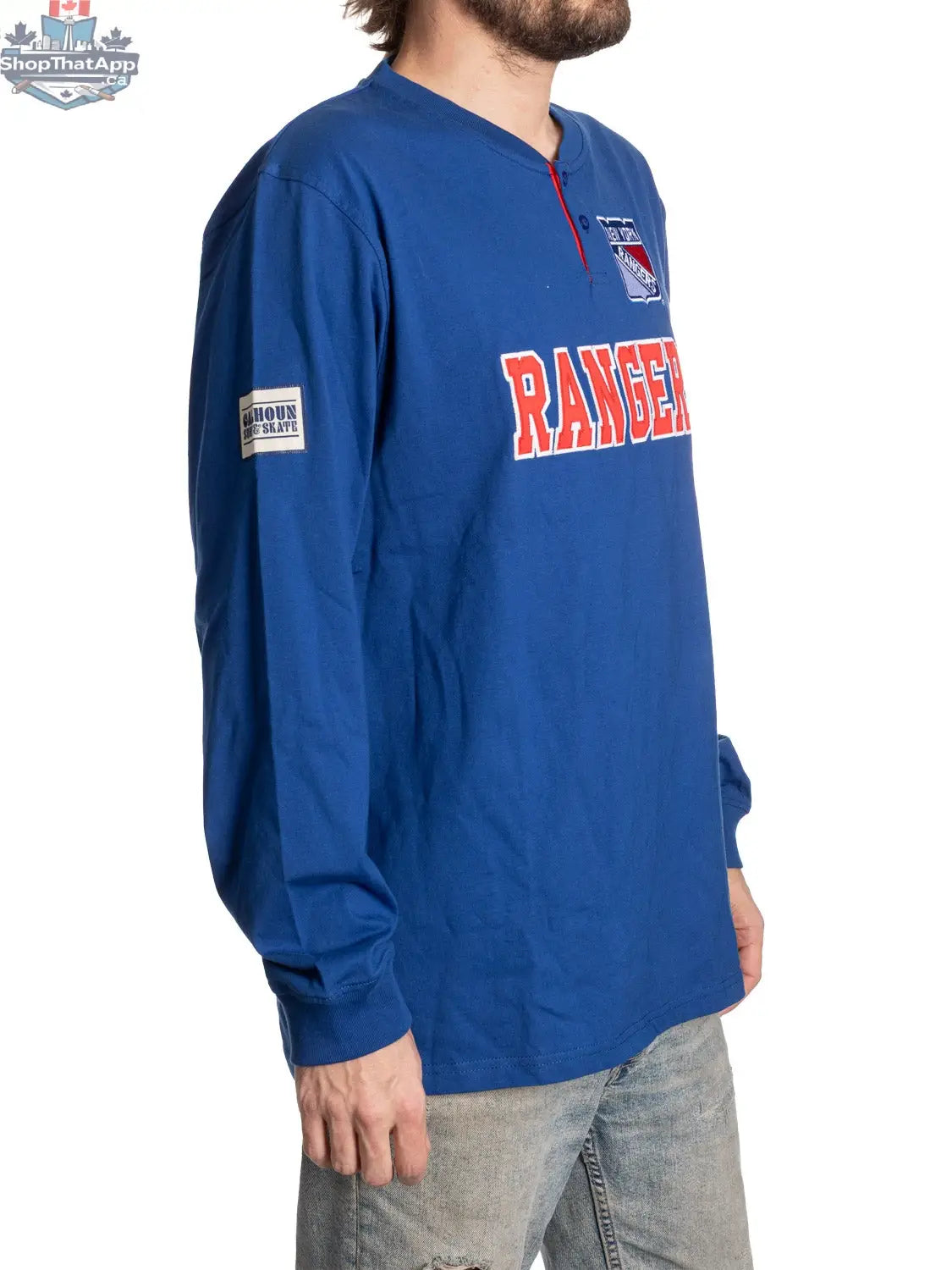 Calhoun Surf N' Skate New York Rangers long sleeve henley shirt, featuring team logo and design, shown from side view.