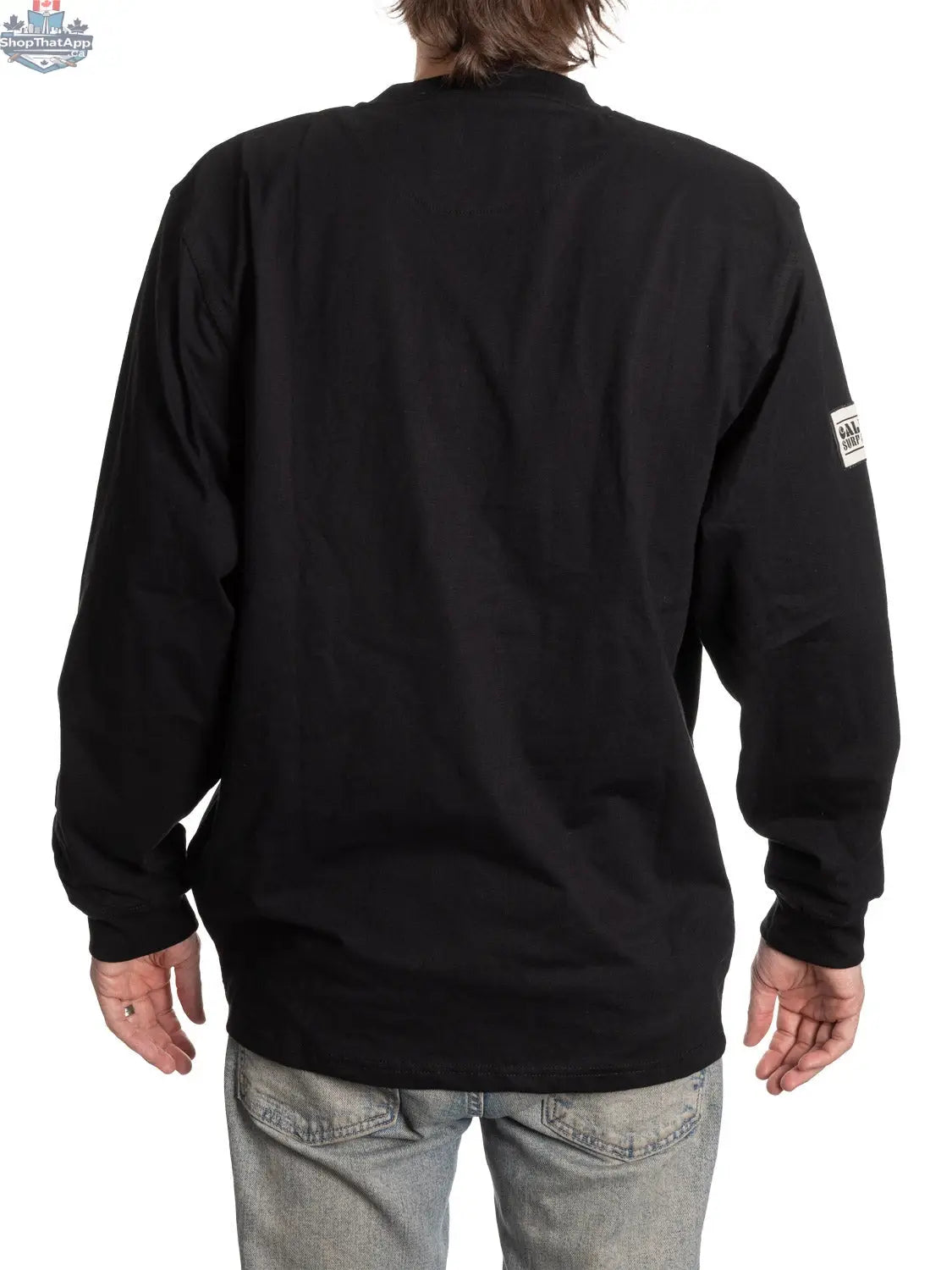 Chicago Blackhawks long sleeve henley shirt by Calhoun Surf N' Skate, featuring team logo and back design.