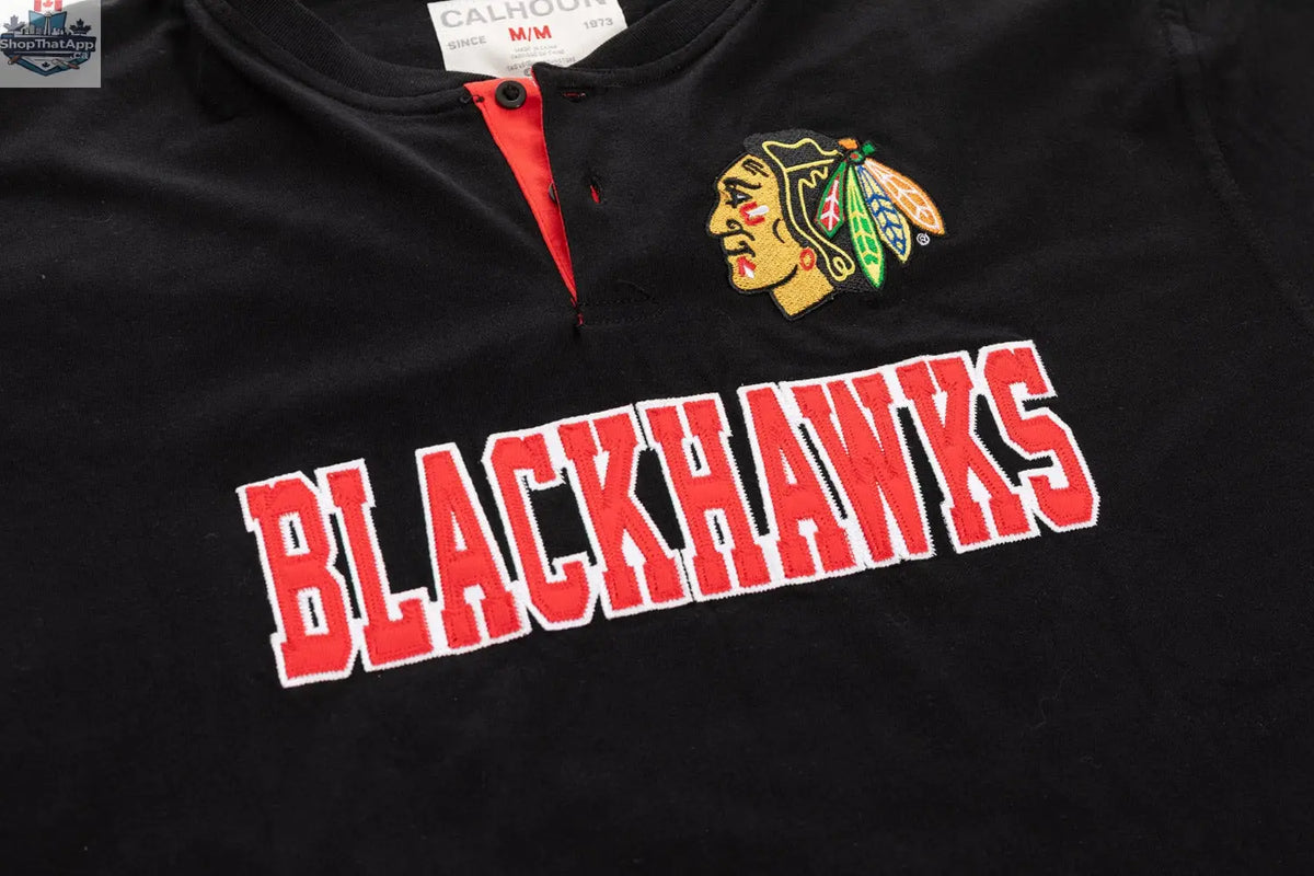 Chicago Blackhawks long sleeve henley shirt by Calhoun Surf N' Skate, featuring team logo and detailed fabric close-up.