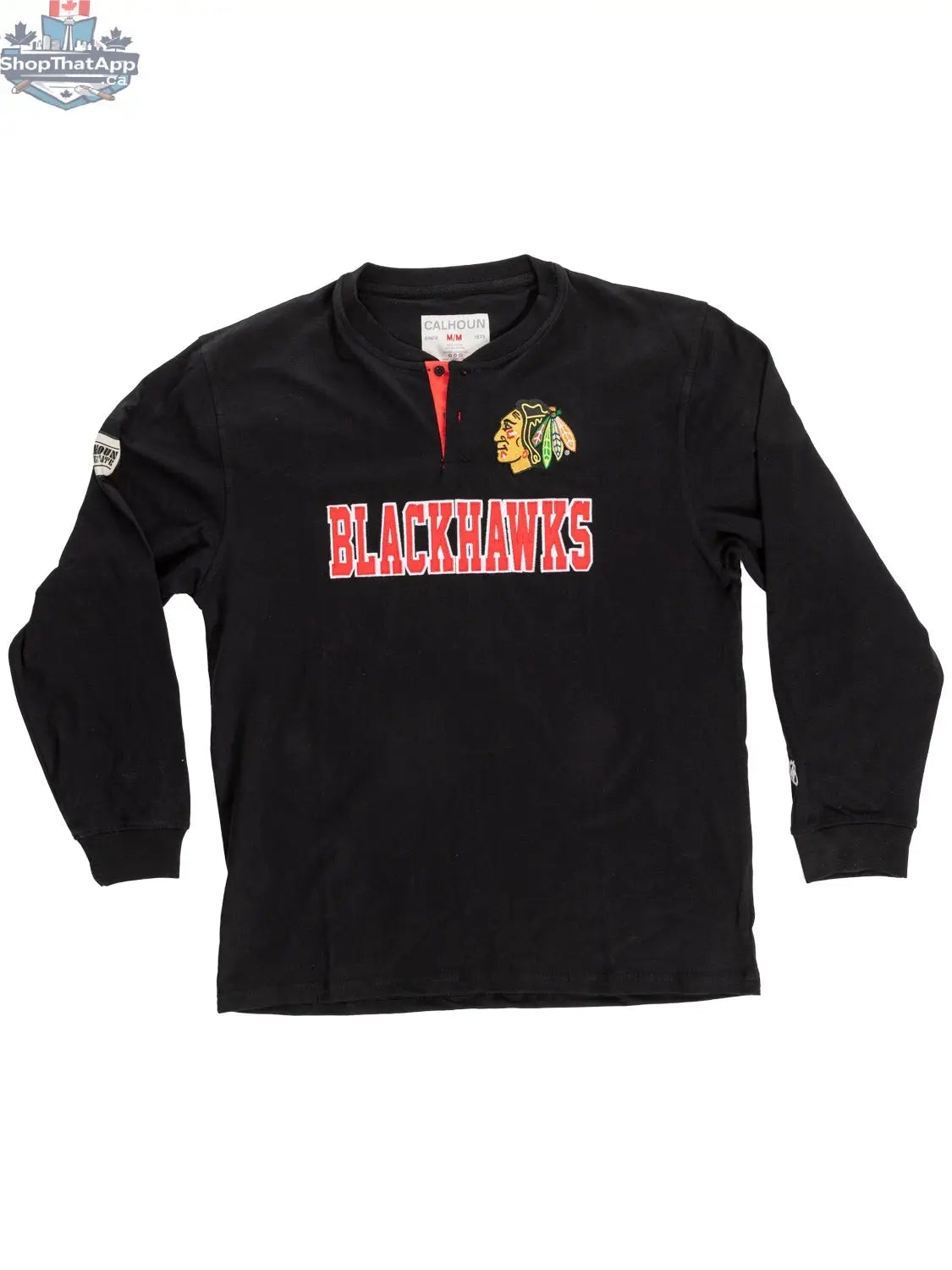 Chicago Blackhawks long sleeve henley shirt by Calhoun Surf N' Skate, featuring team logo and authentic sports apparel design.