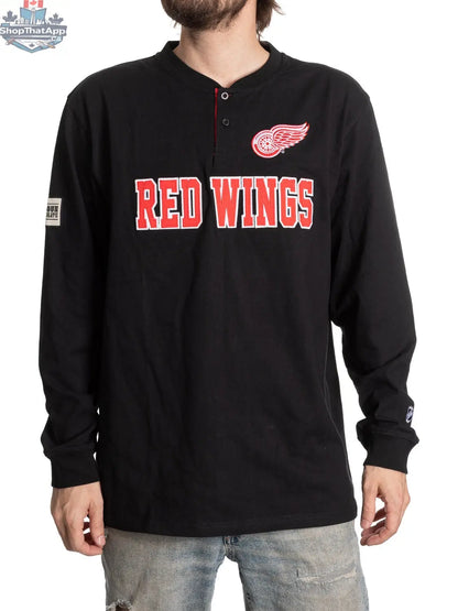 Red Wings long sleeve henley shirt for fans, featuring team logo and colors, by Calhoun Surf N' Skate.