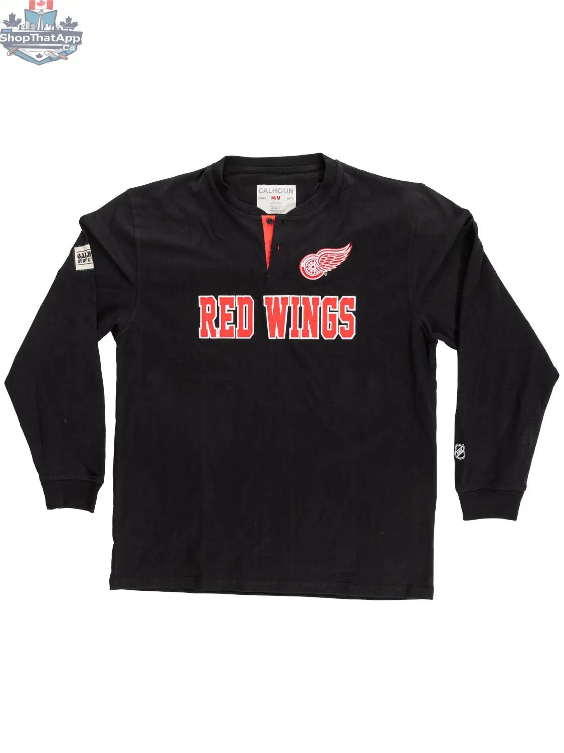 Red Wings henley long sleeve shirt by Calhoun Surf N' Skate, featuring team logo and red and black design, perfect for NHL fans.