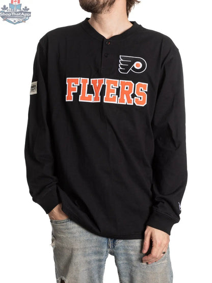 Philadelphia Flyers long sleeve henley shirt by Calhoun Surf N' Skate featuring team logo and design, perfect for Flyers fans.