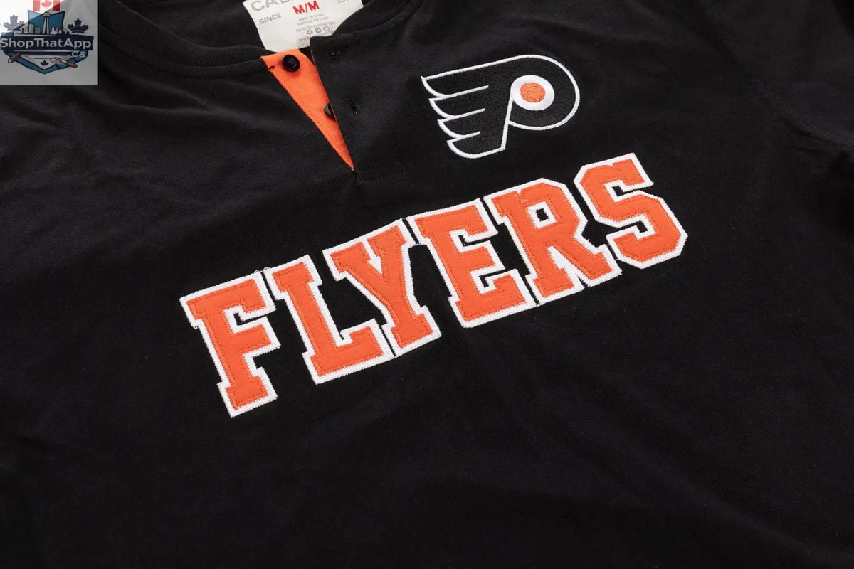 Philadelphia Flyers long sleeve henley shirt by Calhoun Surf N' Skate, featuring team logo and detailed fabric texture.