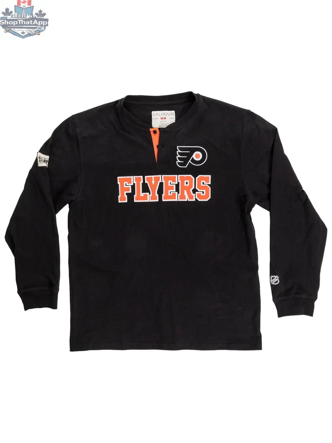 Philadelphia Flyers long sleeve henley shirt by Calhoun Surf N' Skate featuring team logo and sporty design for fans.