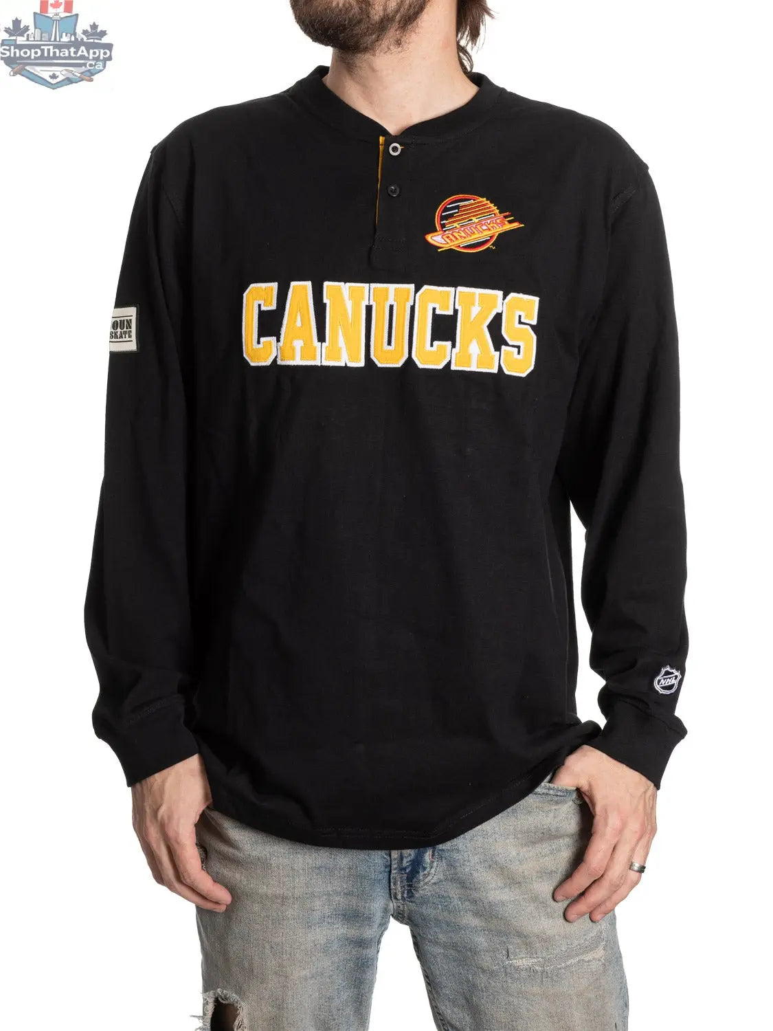 Retro Vancouver Canucks Henley long sleeve shirt by Calhoun Surf N' Skate, featuring team logo and classic hockey jersey style.