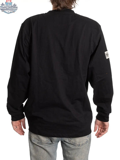 Back view of Calhoun Surf N' Skate Retro Vancouver Canucks henley long sleeve shirt with team logo and classic design.