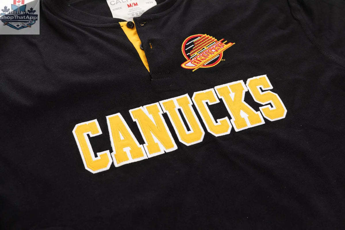 Calhoun Surf N' Skate Retro Vancouver Canucks henley long sleeve shirt with team logo and classic design.