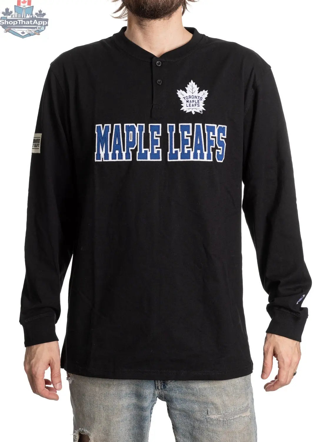 Black Toronto Maple Leafs Henley long sleeve shirt by Calhoun Surf N' Skate, featuring team logo and athletic fit.