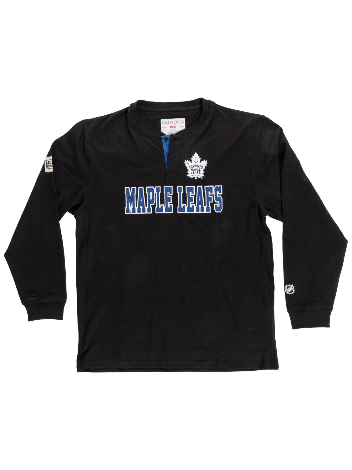 Black Toronto Maple Leafs Henley long sleeve shirt by Calhoun Surf N' Skate, featuring team logo and casual style.