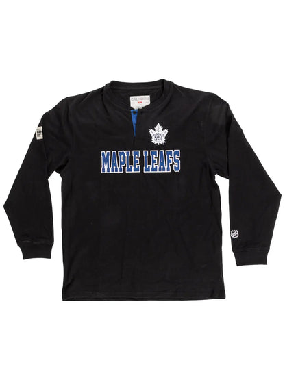 Black Toronto Maple Leafs Henley long sleeve shirt by Calhoun Surf N' Skate, featuring team logo and casual style.