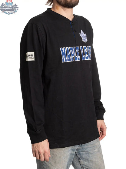 Calhoun Surf N' Skate Toronto Maple Leafs black long sleeve henley shirt with team logo on the chest and side view.