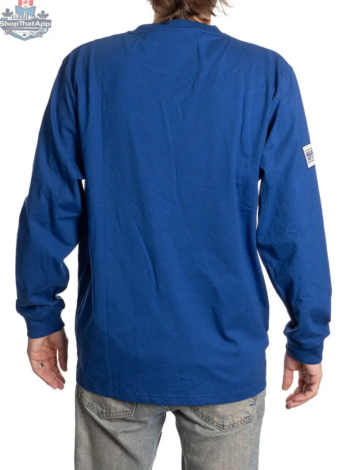 Back view of Calhoun Surf N' Skate Toronto Maple Leafs henley long sleeve shirt with team logo and buttoned placket.