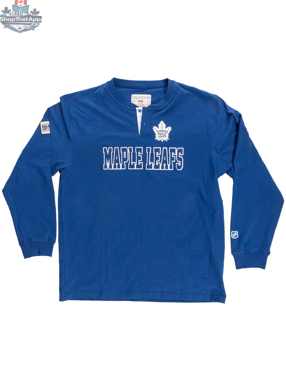 Calhoun Surf N' Skate Toronto Maple Leafs henley long sleeve shirt with team logo and button-up collar, laid flat.