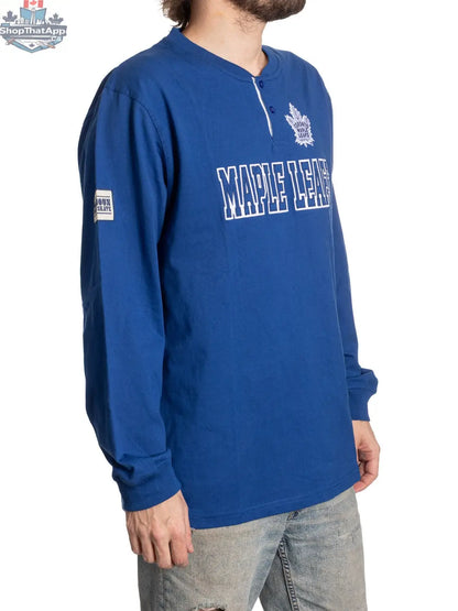 Calhoun Surf N' Skate Toronto Maple Leafs henley long sleeve shirt displayed from the side view.
