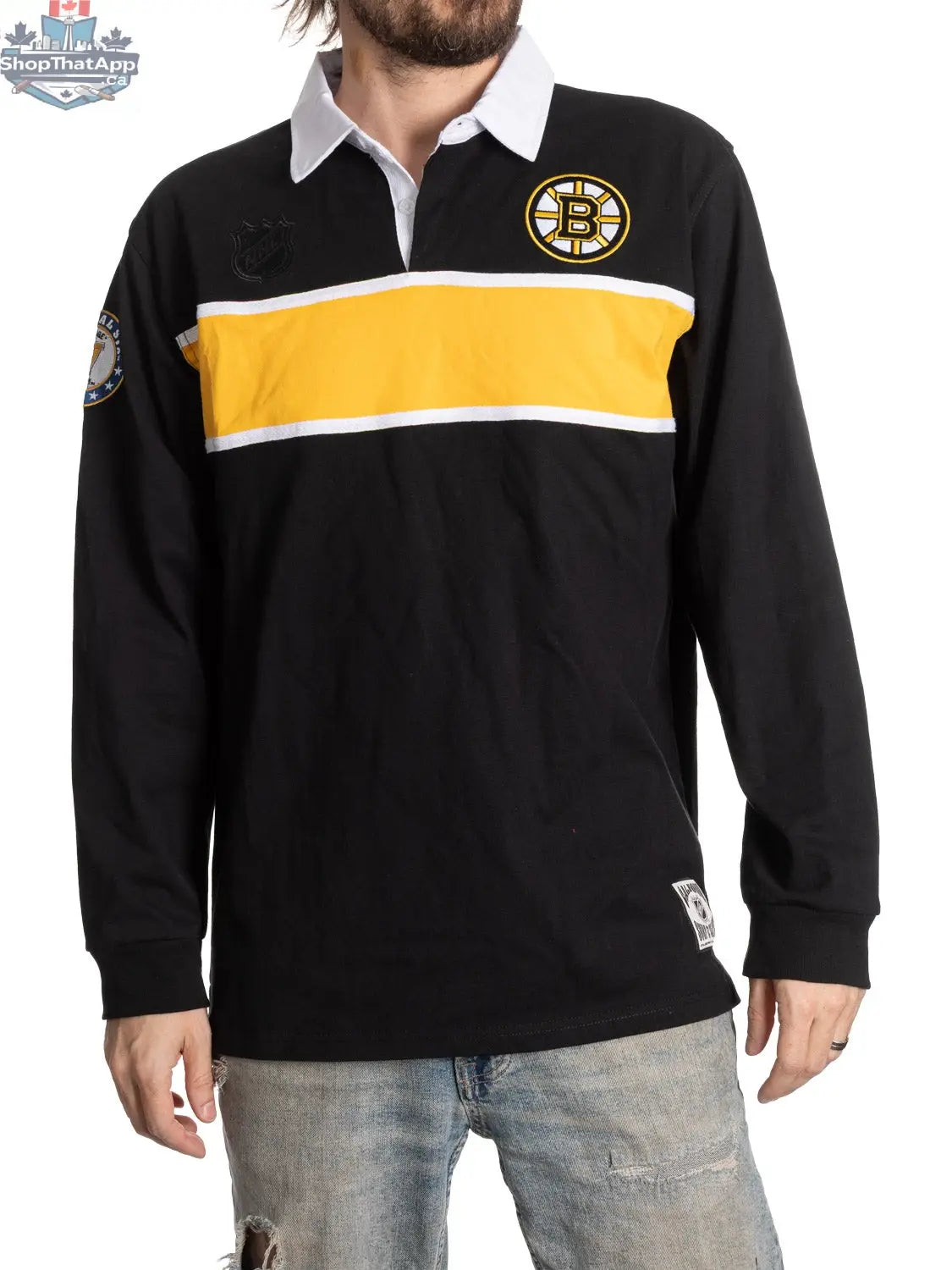Boston Bruins rugby shirt by Calhoun Surf N' Skate featuring team logo and classic rugby style in navy and gold colors.