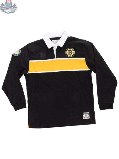 Boston Bruins rugby shirt by Calhoun Surf N' Skate, featuring team logo and classic rugby design in black, yellow, and white colors.