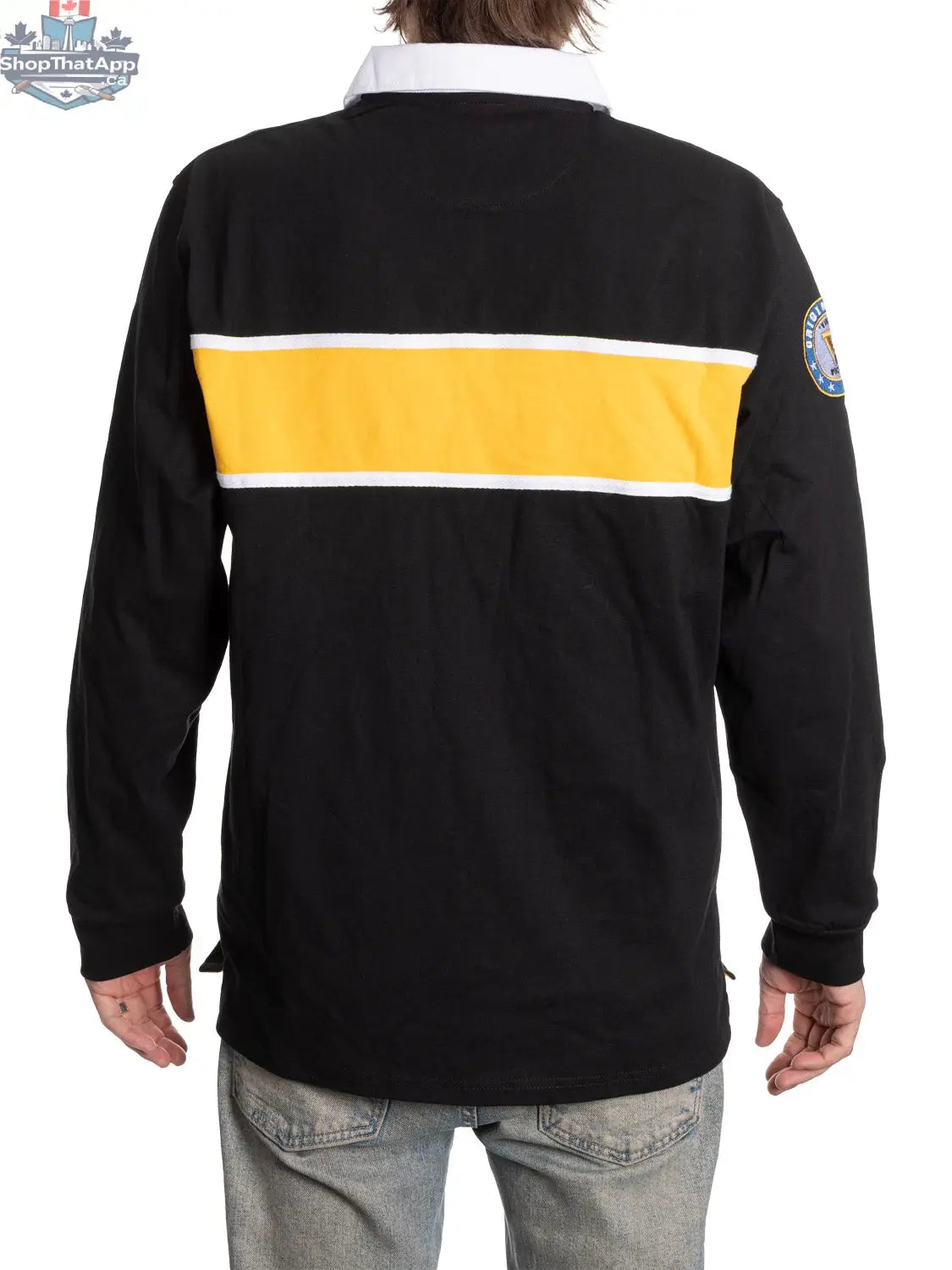 Boston Bruins rugby shirt by Calhoun Surf N' Skate, showing the back with team logo and classic sports design.