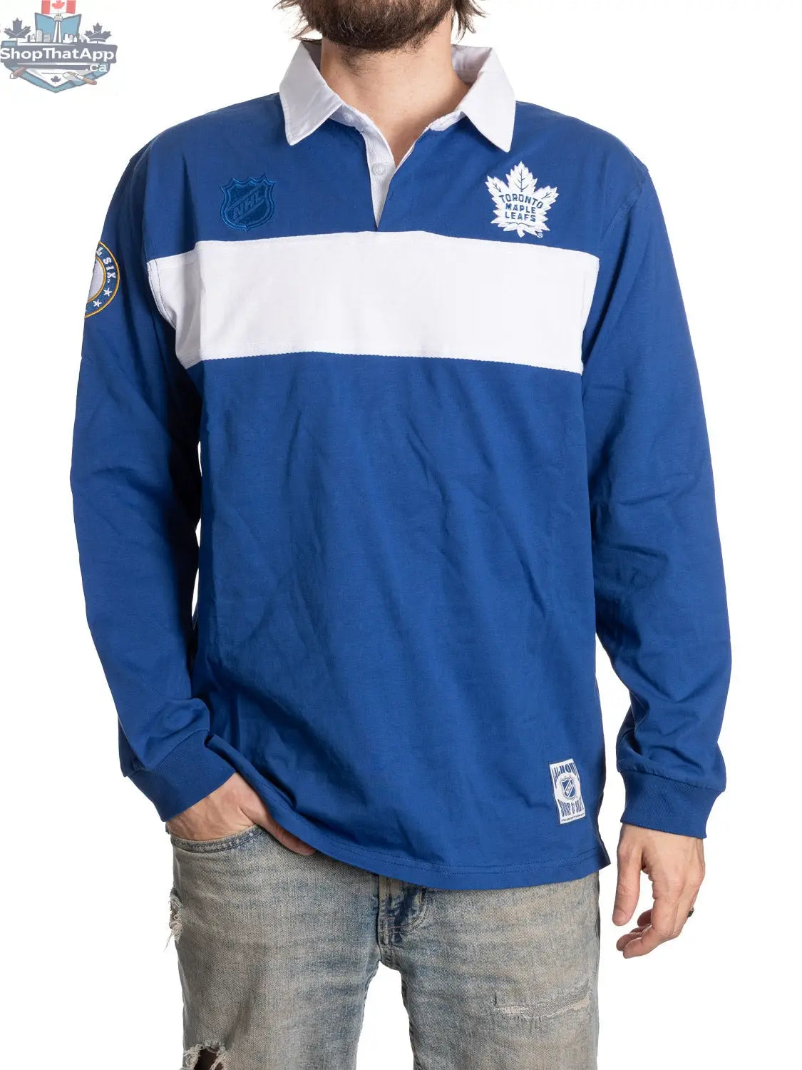 Toronto Maple Leafs rugby shirt by Calhoun Surf N' Skate featuring team logo and classic rugby design on a blue fabric background.