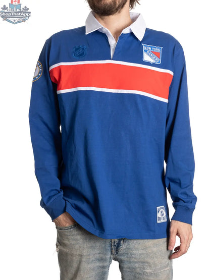 New York Rangers rugby shirt by Calhoun Surf N' Skate, featuring team logo and classic design on athletic rugby fabric.